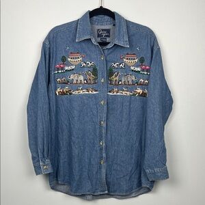 Vintage Noah’s ark Embroidered women’s  Denim Button-Up Shirt size large